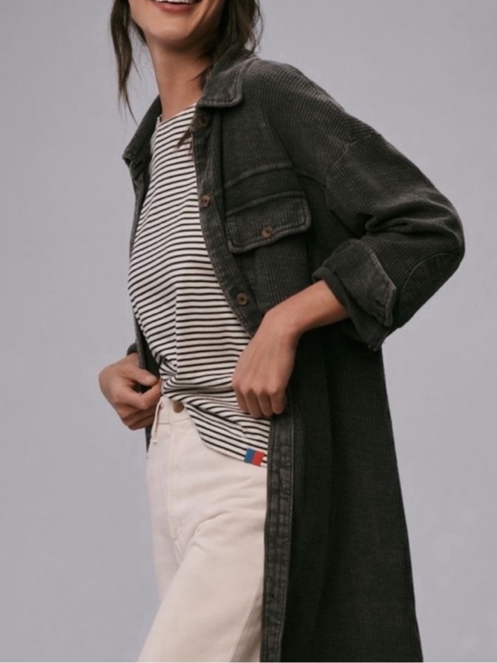 Anthropologie Pilcro Ribbed Duster Shacket Shirt Jacket XS Charcoal Grey Cotton - Picture 2 of 13